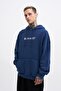 Men's Washed Embroidered Hooded Oversize Navy Blue Sweatshirt