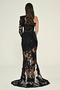 Women's Embossed Floral Patterned Long Black Evening Dress & Graduation Dress with Tulle Detail on the Sleeves and Legs - 4