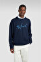 Men's Comfortable Fit Large Shark Logo Cotton Long Sleeve Navy Blue Sweatshirt