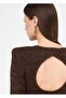 Women's Slim Fit Glitter Effect Padded Shoulder Backless Mini Knitted Brown Dress - 5