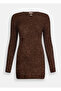 Women's Slim Fit Glitter Effect Padded Shoulder Backless Mini Knitted Brown Dress - 6