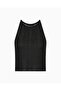 Women's Metallic Look Knitted Round Neck Thin Rope Strap Crop Black T-Shirt - 5