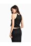 Women's Metallic Look Knitted Round Neck Thin Rope Strap Crop Black T-Shirt - 3