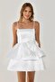 Women's Mini Length Patterned Chiffon Fabric White Evening Dress & Graduation Dress with Rope Straps - 2
