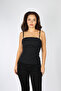 Women's Woven Fabric Rope Strap Slim Fit Black T-Shirt with Zipper Closure at the Back