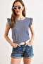Women's Striped Navy Blue Sleeve Frilly Back Tie Knitted Viscose Blouse BLZ-19002555 - 2