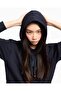 Women's Regular Fit Hooded Collar Elastic Waist Long Sleeve Navy Blue Sweatshirt - 3