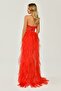 Women's Strapless Slit Patterned Tulle Long Orange Evening & Graduation Dress Ab5576-trn - 5