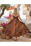 Women's Red Shawl Patterned Strappy Ruffle Silk Dress - 2