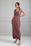 Women's V-Neck Draped Side Buckle Detailed Seersucker Imported Fabric Long Design Dress - 2