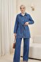 Buttoned Belted Waist Pocketed Jeans Double Set -Blue