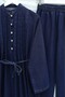Half-Buttoned, Pleated Front, Tie-Waist Denim Suit with Trousers - Navy - 6
