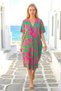 Fuchsia Green Patterned V-Neck Design Dress with Pockets - 2