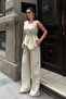 Women's Beige Asymmetrical Cut Linen Textured Top and Bottom Set - 2