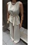 Women's Beige Asymmetrical Cut Linen Textured Top and Bottom Set - 5