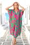 Fuchsia Green Patterned V-Neck Design Dress with Pockets