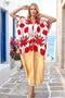 Beige Red Floral V-Neck Design Pocket Dress
