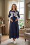 New Season Navy Blue Full Length Summer Lace Detailed Polka Dot Maternity Maternity Dressing Gown Nightgown Set - 3