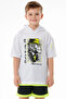 Boy's White Color Hooded T-Shirt with Picture and Text Pattern on the Front and Text Pattern on the Back