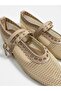 Women's Beige Double-Strapped Mesh Ballerinas with Staple Detail - 6
