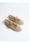 Women's Beige Double-Strapped Mesh Ballerinas with Staple Detail - 3