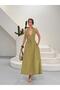 Women's Premium Halter Neck Tie Waist Deep V Neck Midi Length Flowy Dress