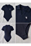 Navy Blue Polo Collar Ribbed Lycra Premium Bodysuit - 2