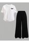 Girl's Summer Fabric Minimal Bow Print White T-Shirt - Wide Leg Black Sweatpants Set