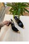 Black Women's Heeled Shoes with Gold Detail on the Toe - 2