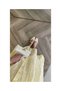 Women's V-Neck Yellow Lined Belted Floral Embroidered Balloon Sleeve Cotton Dress - 2
