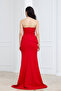 Stone Detailed Atlas Long Evening Dress - Red - 8