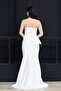 Stone Detailed Atlas Long Evening Dress - White - 8