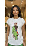 Ecru Color with Green Girl Print and Open Side Lace-Up Low-Cut Blouse - 3