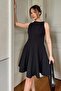 Black Zero Sleeve Stone Detailed Flared Women's Short Dress