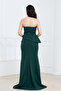 Stone Detailed Atlas Long Evening Dress - Emerald Green - 8