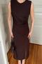 Brown Zero Sleeve Shoulder Pleated Waist Draped Front Slit Women's Midi Dress - 4