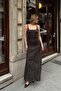 Brown Thick Strap Stitching Detail Women's Denim Midi Dress - 3