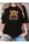 Teddy Bear Printed Red White Beige and Black Basic Oversize T-Shirt