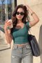 Women's Petrol Green U-Neck Short Sleeve Ribbed Camisole Body T-Shirt - 2