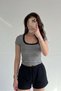 Women's Thin Striped Black-White U-Neck Short Sleeve Ribbed Camisole Body T-Shirt