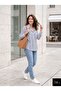 Women's Navy Blue and White Striped Shirt - Single Pocket Relaxed Fit Oversize