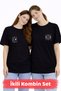Moon Star Minimal Printed Black Unisex Couple T-Shirt Set Oversize Cotton Couple T-Shirt - 2