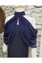 Rani Buttoned Chiffon Evening Gown with Neck Tie, Bridal Shawl, Dark Navy Blue - 6