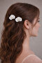 Silver Ceramic Flower Patterned Bridal Hair Accessory with Pearls Promise, Engagement, Wedding Bun Hairpin 2 Pieces - 2