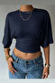 Waist-Fitted Wide-Sleeved Navy Blue Blouse - 2
