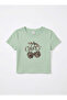 Women's Light Green Cherry Leopard Pattern Crew Neck Lycra Short Sleeve Body Crop Blouse - 7