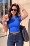 Women's Cobalt Blue Crew Neck Short Sleeve Ribbed Camisole Crop Blouse - 3