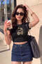 Women's Black Cherry Leopard Patterned Crew Neck Lycra Short Sleeve Body Crop Blouse - 3