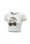 Women's White Cherry Leopard Patterned Crew Neck Lycra Short Sleeve Body Crop Blouse - 6
