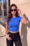 Women's Cobalt Blue Crew Neck Short Sleeve Ribbed Camisole Crop Blouse - 2
